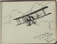 Page of May Stratford’s autograph book with a drawing of a bi-plane.