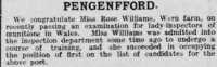 Report  of Rose Williams success in munitions inspection examination, Brecon & Radnor Express 12 July 1917
