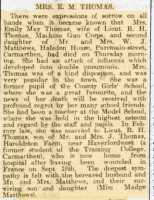 Report of Emily Thomas’s death. Carmarthen Journal 22nd November 1918.